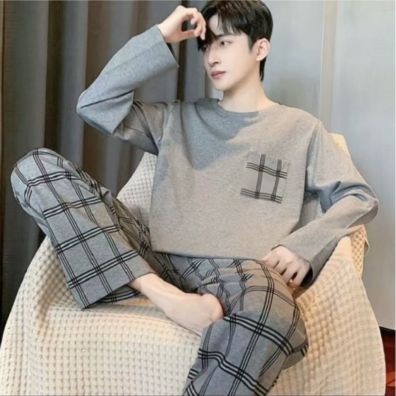 Spring and Autum Teenagers Men's Pajamas Long-Sleeved Pants Autum and Winter Older Children Junior High School Students Cartoon Student Suits Pajamas for Men