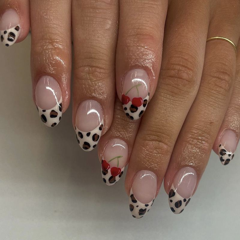 Casual French Leopard Print Manicure, Fake Nails, Cherry Wearable Nails, Repeatable Nail Pieces, Press on Nails Casual French Leopard Print Manicure, Fake Nails, Cherry Wearable Nails, Repeatable Nail Pieces, Press on Nails