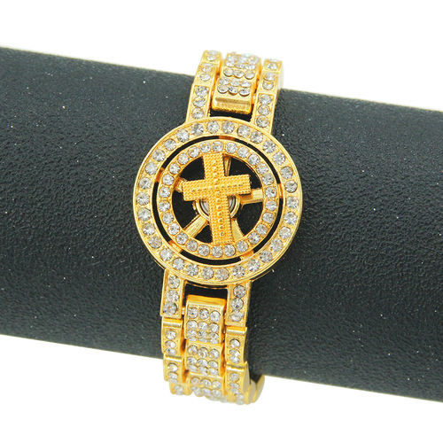 European and American-style hip-hop rotating cross watch chain bracelet, men's bold full-diamond cuff.