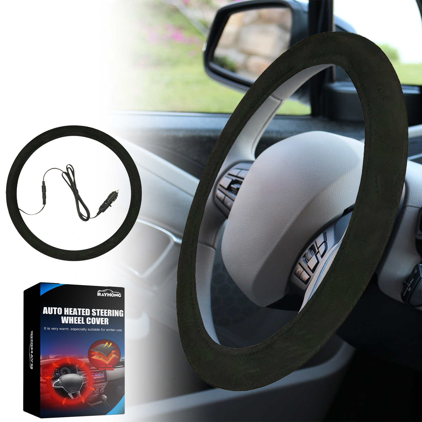 Rayhong Heated Car Handlebar Cover Universal Steering Wheel Cover Steering Wheel Hand Warmer Quick Heating Protective Cover