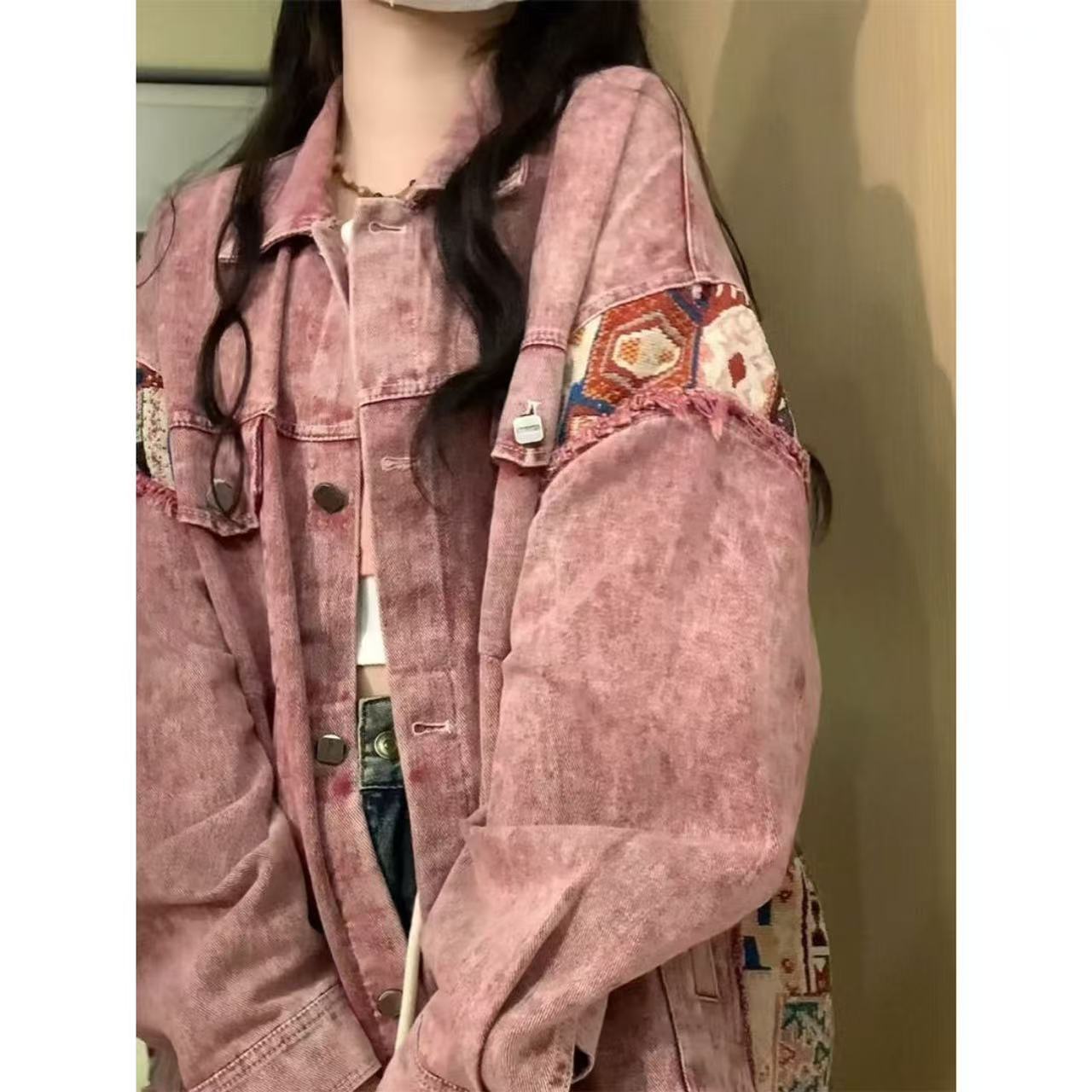 森系小香风牛仔外套女春秋复古做旧拼接设计感小众宽松开衫夹克潮