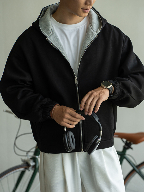 高级抗皱420G重磅老钱风立体连帽拉链外套男士2025秋冬短款连帽衫|undefined