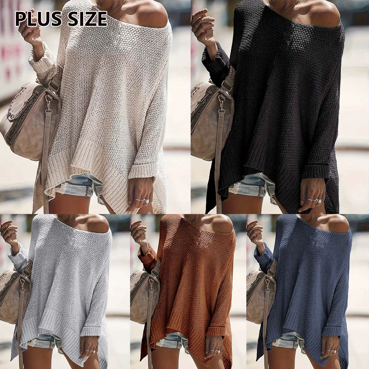 Женский свитер больших размеров, однотонный, свободный крой, простой, повседневный, с круглым вырезом и разрезом, для трансграничной внешней торговли