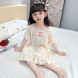 Girls Pure Cotton Double-Layer Gauze Nightgown Cartoon Breathable Summer Home Clothes Baby Girl Short-Sleeved Skirt Korean Style Thin Style