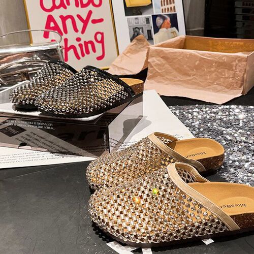 2025 Summer Water Diamond Full Diamond Fishing Net Toe Cap Big Toe Cap Half Slippers Sandals Tobuck Shoes Flat Bottom Women's Shoes 