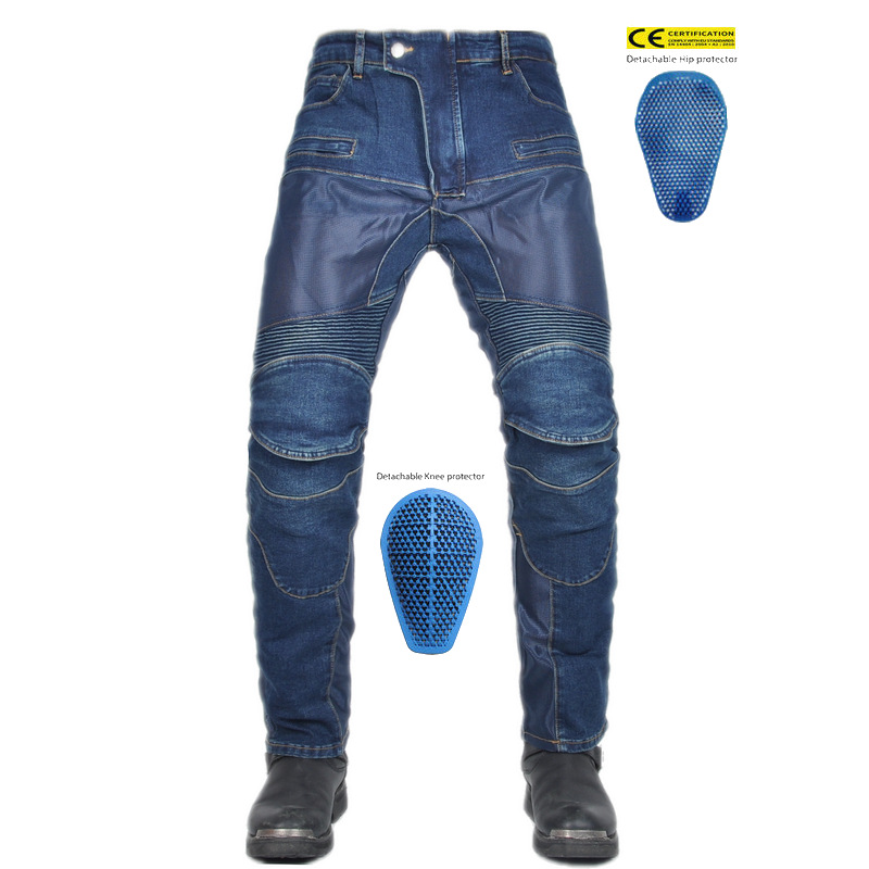 Jeans de motocicleta para hombres y mujeres verano malla transpirable locomotora elástica resistente al desgaste montar pantalones anticaídas protector de silicona