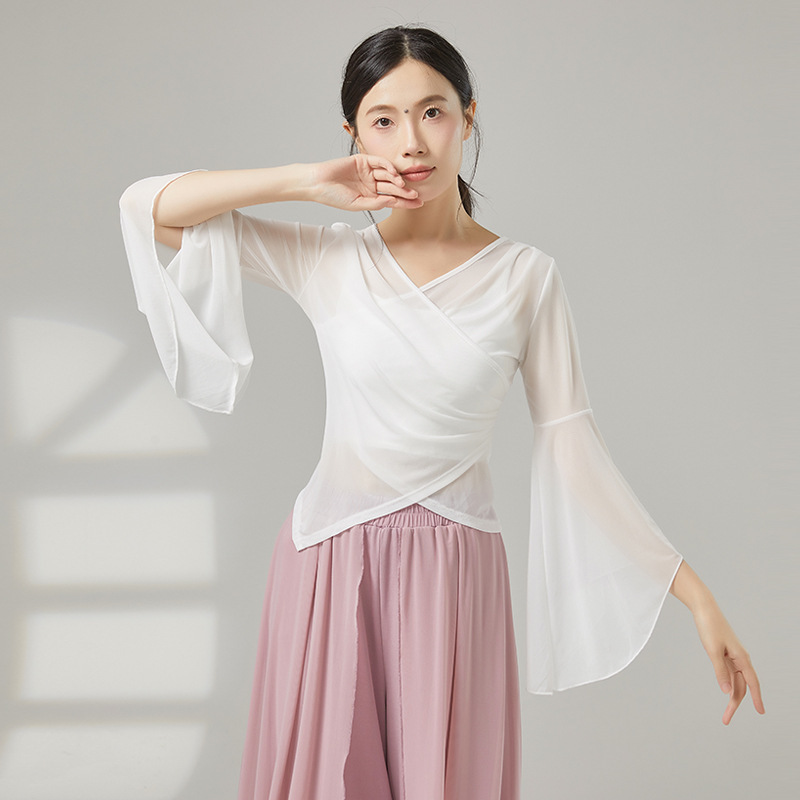 古典舞踊のダンス服、新しい弾性メッシュトップ、エレガントなガーゼ練習服、中国舞踊の民族パフォーマンス服|undefined
