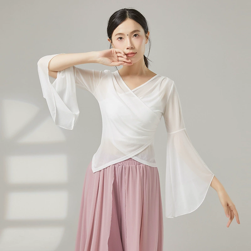 Одежда для классического танца, новый эластичный сетчатый топ, элегантная марлевая тренировочная одежда, одежда для этнических выступлений в китайском танце.