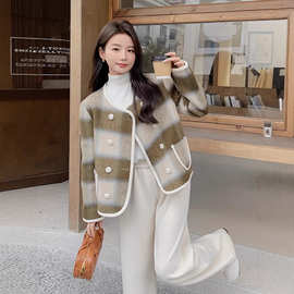 秋冬新款名媛小香风格子大衣女短款毛呢外套2025英伦风圆领双排扣