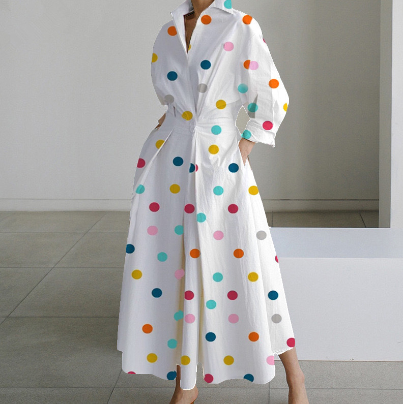 Vacation Style Wholesale Women's Vacation Printing Contrast Binding Zebra Polka Dots Flower Holiday Beach V Neck Long Sleeve Swing Dress
