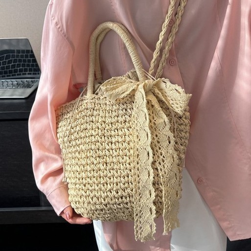 Fresh And Natural Women's Handbag New Korean Version Silk Scarf Shoulder Straw Holiday Style Beach Woven Bag_voghion.com