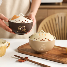  日式猫咪带盖泡面碗拉面碗可爱陶瓷饭碗家用创意早餐碗面碗