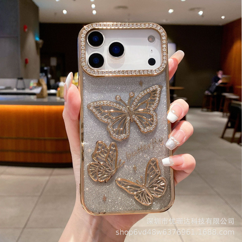 适用iPhone17Promax手机壳创意立体蝴蝶水钻苹果17闪粉防摔保护套|undefined
