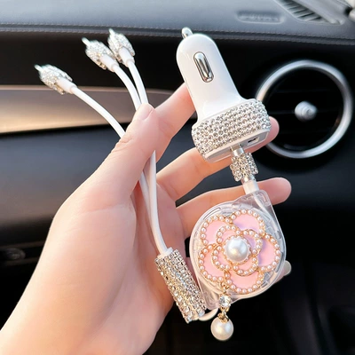Mobil şarj cihazları Car One to Three Multi-Function - pearl-powder-camellia-charging-cable-car-charger