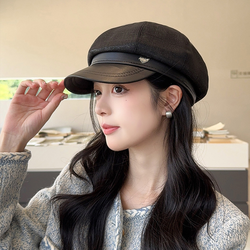 拼接皮檐贝雷帽子女秋冬季高级感显脸小鸭舌八角帽法式复古画家帽|undefined