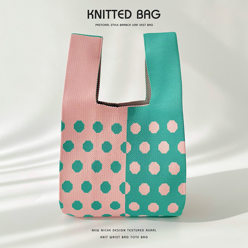 Diseño de nicho color matching Polka Dot bolso de hombro de punto estudiante versátil bolsa de muñeca de gran capacidad bolsa de compras