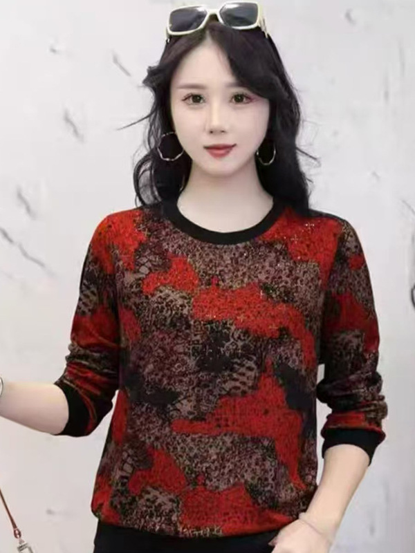 中老年女装秋装长袖小衫宽松大码妈妈春秋洋气花色圆领T恤打底新|undefined