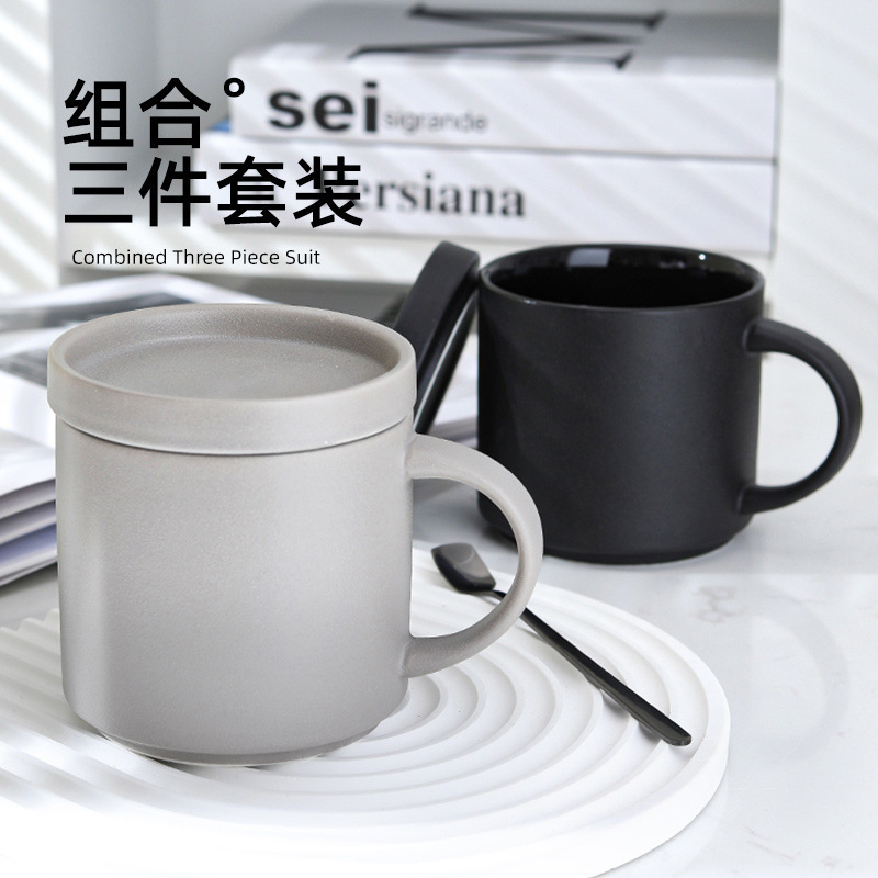 网红陶瓷磨砂马克杯高级感男生女生夏季情侣杯带盖勺咖啡杯高颜值|undefined