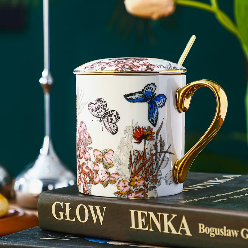 High-value flower butterfly mug cup with lid and spoon large capacity office household water cup vintage bone porcelain ceramic