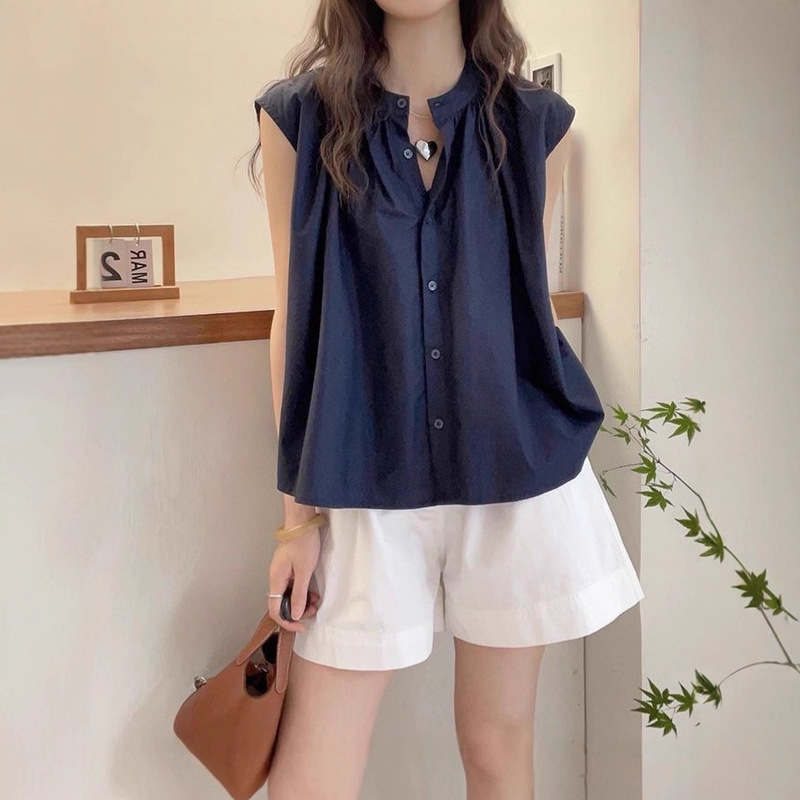 2025 Summer New Solid Color Simple Pleated Shirt for Women Sweet Korean Style Petite Sleeveless Blouse Top