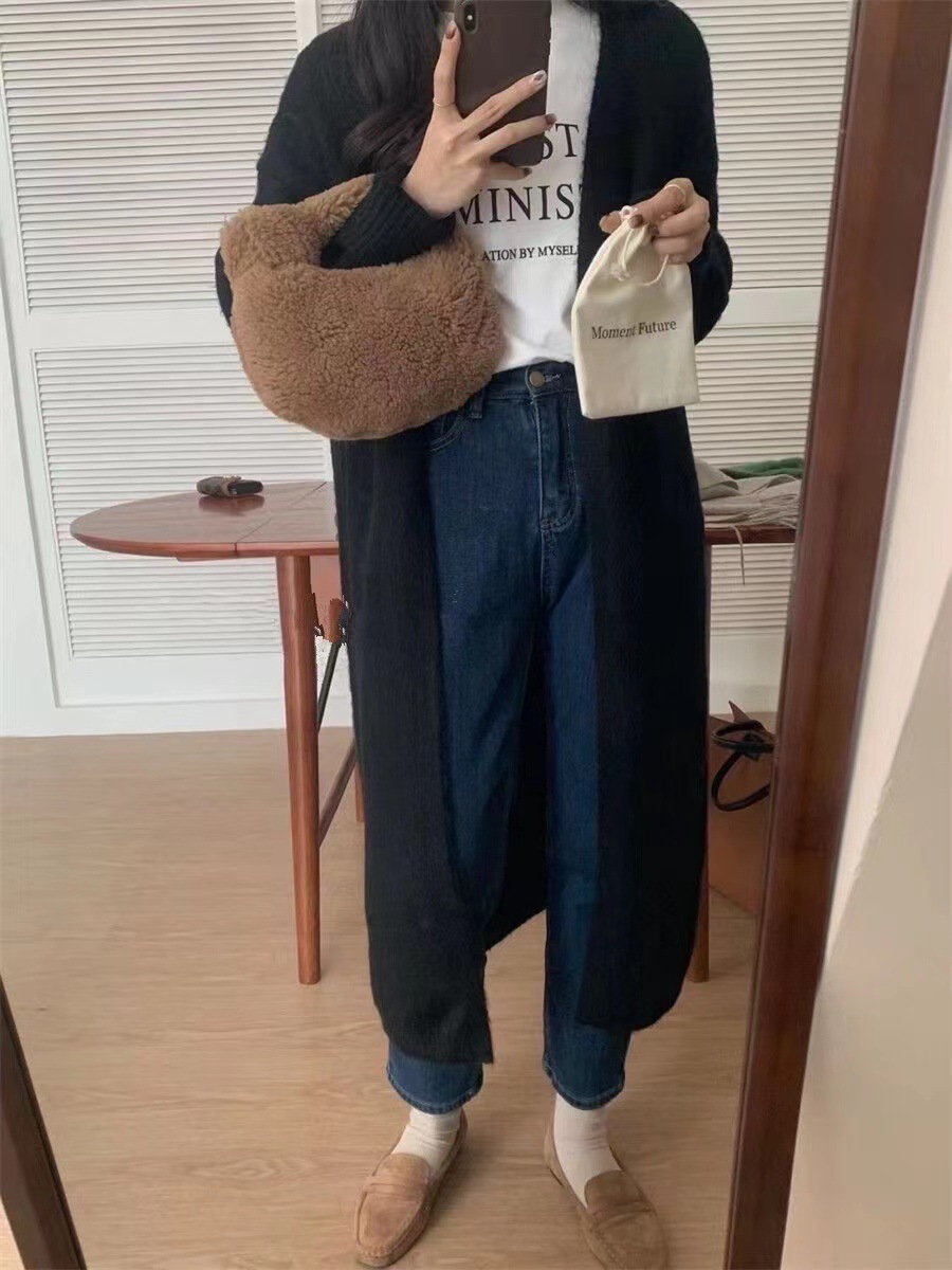 十三行奶呼呼杏色毛衣外套女秋冬宽松慵懒风小个子中长款针织开衫 pic 31