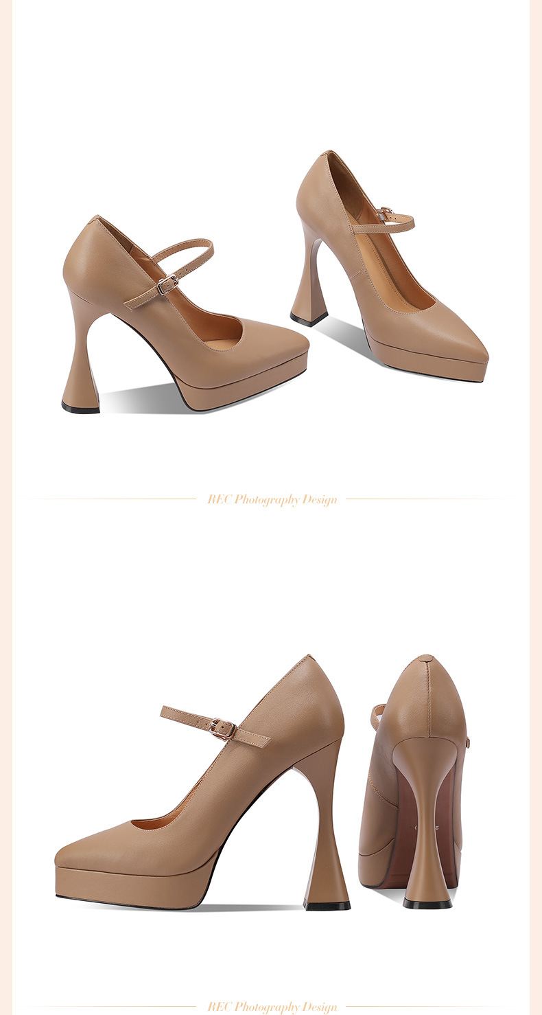Giày sandal cao gót nữ mũi nhọn da thật, gót siêu cao 12 cm, quai một dây, đế platform, phong cách dạ tiệc — đen chi tiết 5