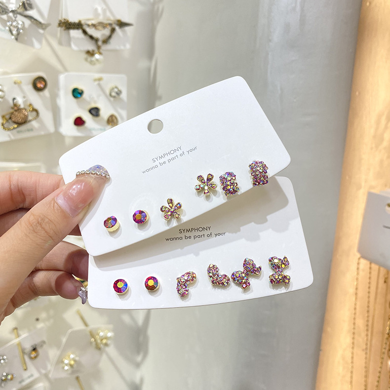 Korean Fashion Colorful Inlaid Rhinestone Bow Heart Flower Earrings 6-piece Set Wholesale Nihaojewelry display picture 13