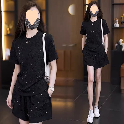 Fashionable hot drilling casual sports suit 2025 summer young Western-style short-sleeved shorts lazy style slimming two-piece set