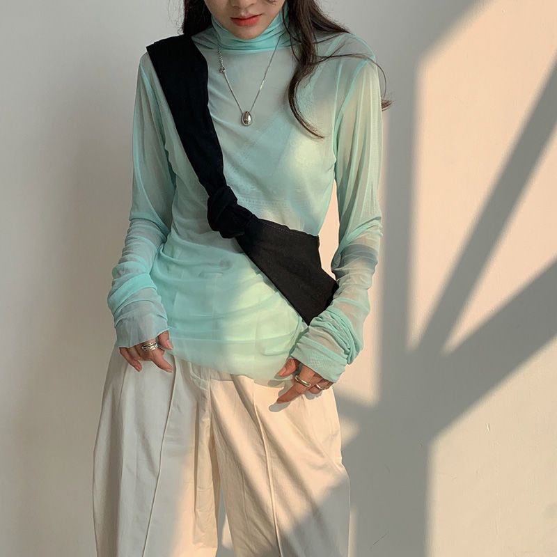 여성을위한 현아 스타일 아이스 실크 긴팔 티셔츠 2025 여름 캔디 컬러 자외선 차단제 셔츠 메쉬 이너 레이어링 탑