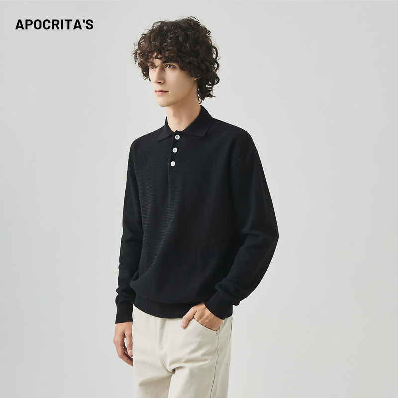APO男装|跨境男士毛衣秋季老钱风简约宽松翻领POLO长袖针织衫内搭|undefined