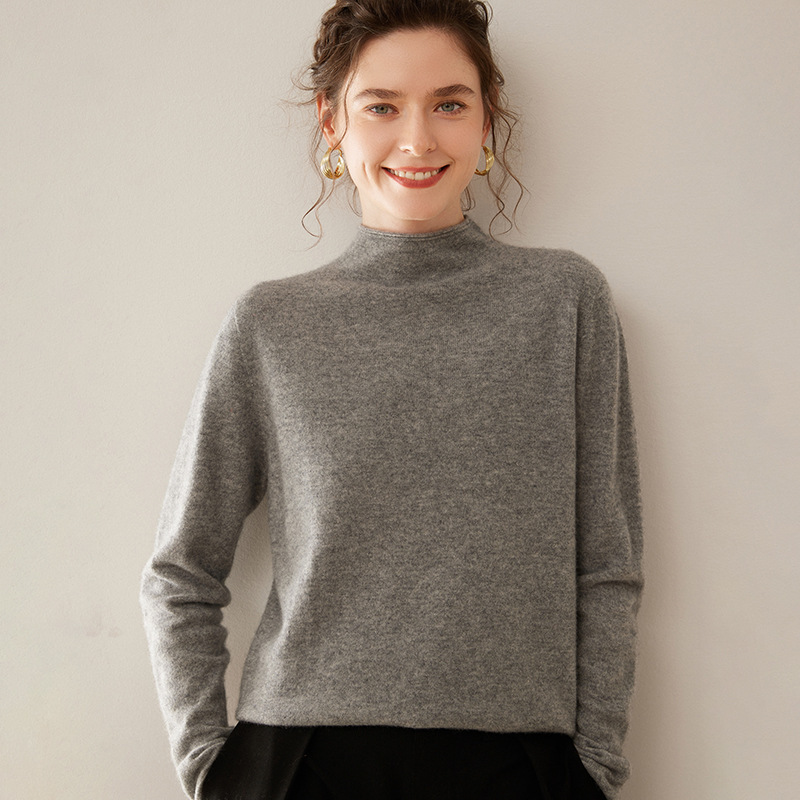 2024 Autumn and Winter Cashmere Half-height Curl Collar Cashmere Sweater Women's Loose Pullover Sweater Knitted Base Shirt Top