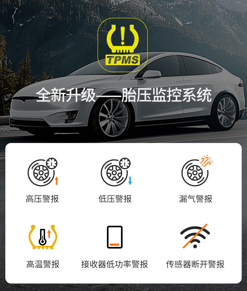 Car Tire Pressure Monitor with Ambient Light and Large Screen Display Tire Pressure Detector