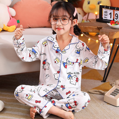 Spring and Autumn Children's Pajamas Girls Lapel Cardigan Cute Cartoon Sweet Loose Thin Home Clothes for Small, Medium and Large Children