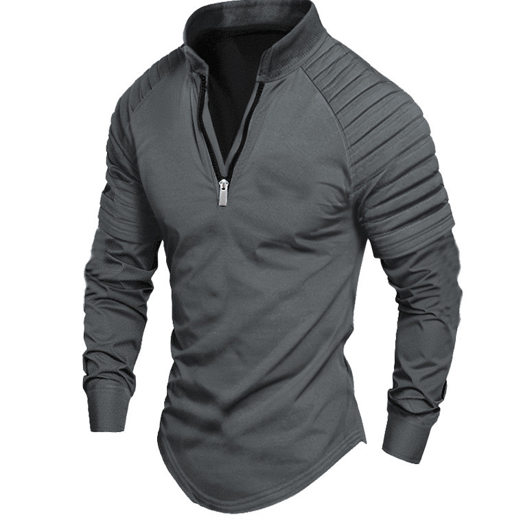 Cross-Border European Size Spring and Autumn Wrinkled Stand-Up Collar Long-Sleeve Zipper Decoration Casual Fashion Men's Polo Shirt