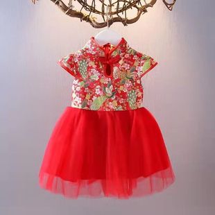 Children's dress Spring and Autumn Wide Baby's Mesh Princess Dress with Vertical Collar National Style Girl's Performance Clothing Short Sleeve Foreign Trade Children's Clothing