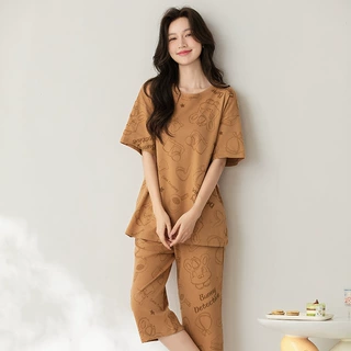 夏天薄款睡衣女七分裤圆领套头纯棉透气可外穿短袖家居服女士套装