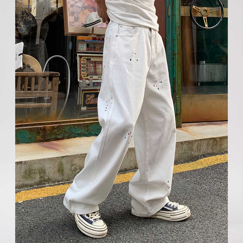 Jean blanc Splash Ink pour homme, marque américaine haut de gamme délavée, pantalon décontracté ample à jambe droite, tendance_voghion.com