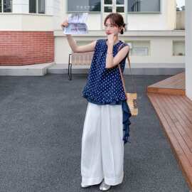 设计感荷叶边波点背心阔腿裤套装女2026松弛感夏日ootd穿搭套装