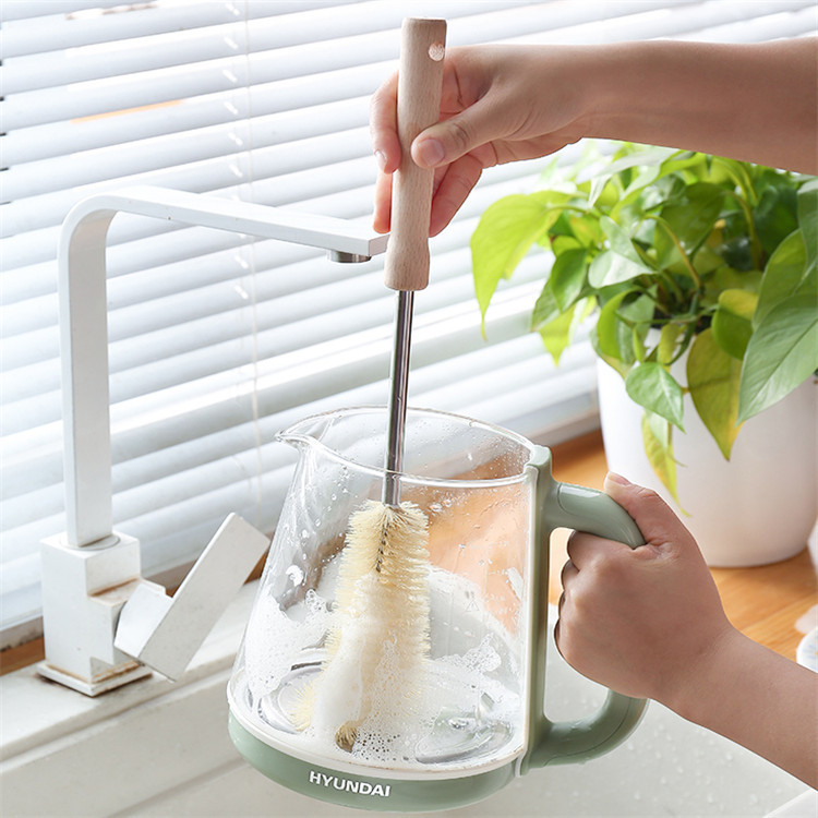 Casa larga cepillo de taza de madera cepillo de limpieza de botellas de leche cepillo de vidrio de cocina de nylon cepillo de taza de limpieza de mango largo