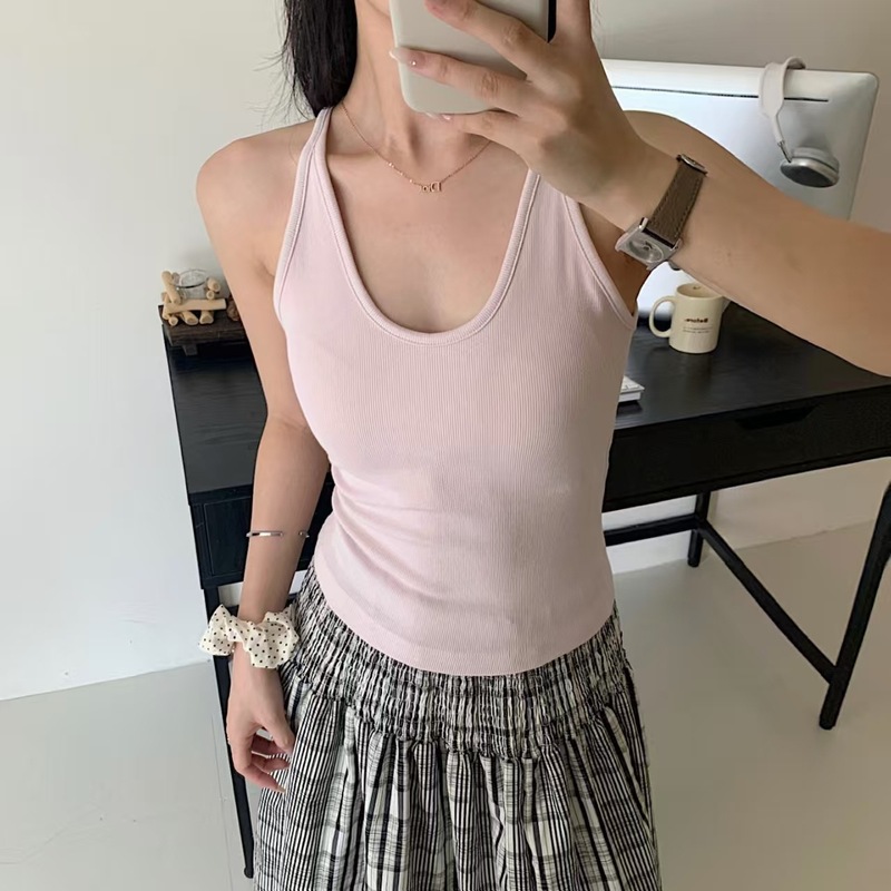 暖小艾588法式挂脖新款辣妹背心女带胸垫纯欲撞色显瘦外穿内搭|undefined