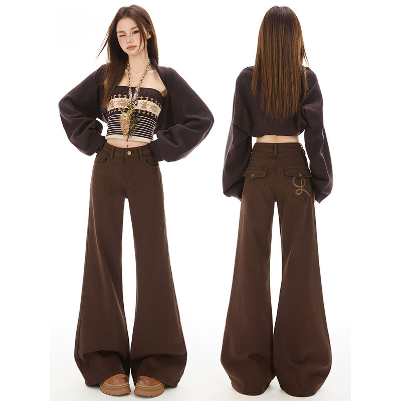 Brown coffee-colored low-waist flared jeans for women, 2026 autumn trendy new style, loose-fitting, slimming, straight-leg bell-bottom floor-length pants Brown coffee-colored low-waist flared jeans for women, 2026 autumn trendy new style, loose-fitting, slimming, straight-leg bell-bottom floor-length pants