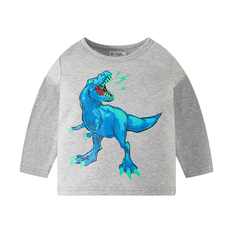 Muestras personalizadas be top ropa infantil de dibujos animados dinosaurios de algodón para niños camiseta de manga larga para niños camiseta de cuello redondo de otoño