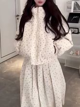 少女温柔棉服套装奶系甜美碎花冬季新款两件套外套简约半身裙