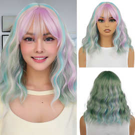 亚马逊跨境新品彩色cos假发女齐刘海短卷发全头套化纤厂家批发wig