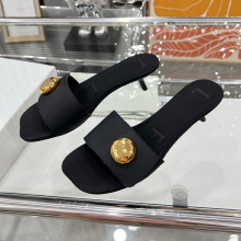 欧美时尚休闲凉鞋2025真皮字母金属扣方头坡跟拖鞋女细跟气质外贸