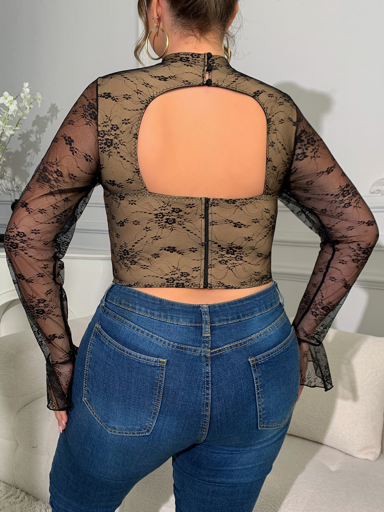 Lencería de malla para mujer talla grande, estilo europeo y americano, top de manga larga con aros y diseño de espina de pescado, sexy y ajustado, con encaje.