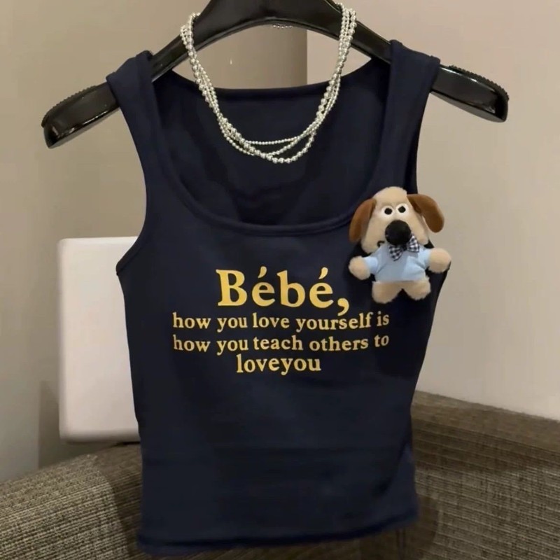 早秋bm美式辣妹自带胸垫吊带字母印花背心狗狗胸针U领显瘦上衣|undefined
