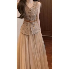 大きいサイズの太った貴族娘の服装、優しい気質、レトロな香りのノースリーブベストとスカートの2点セット