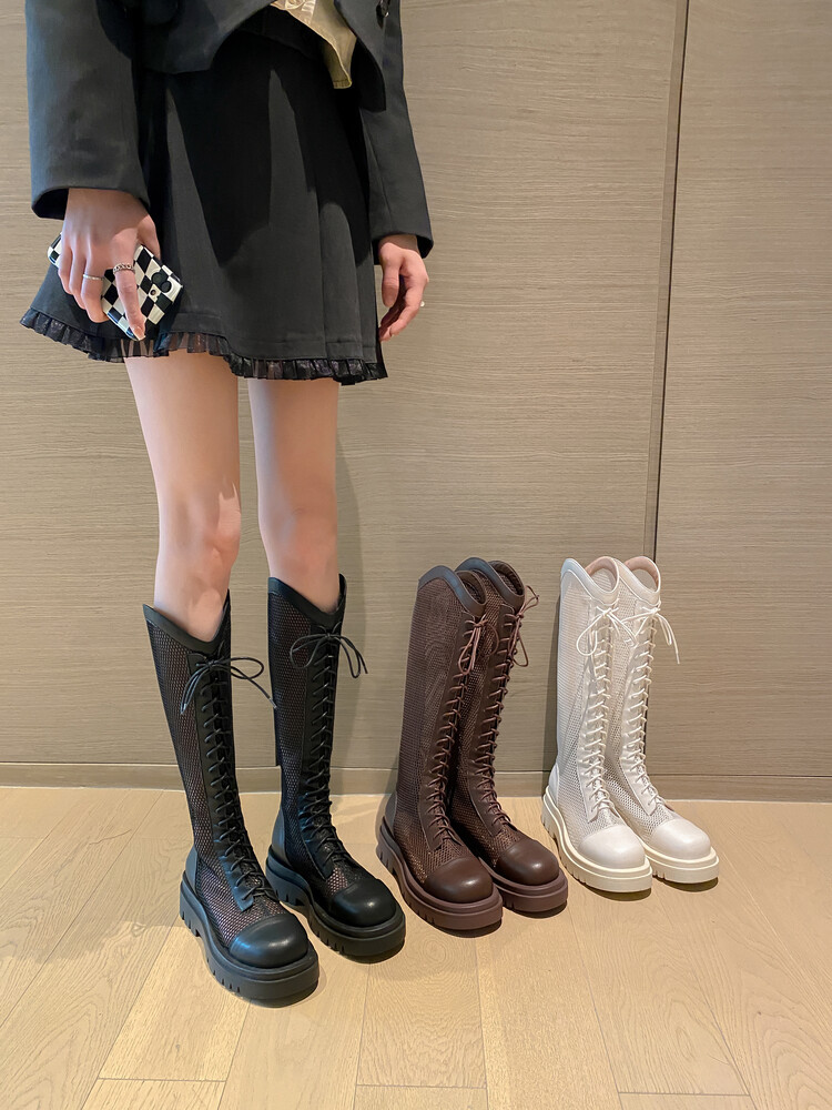 Boot lưới da thật cổ cao đế dày thoáng khí mùa xuân hè phong cách kỵ sĩ buộc dây — Màu nâu ống lớn, Màu đen cổ ống lớn, Ống nhỏ màu đen, Ống nhỏ màu be chi tiết 7