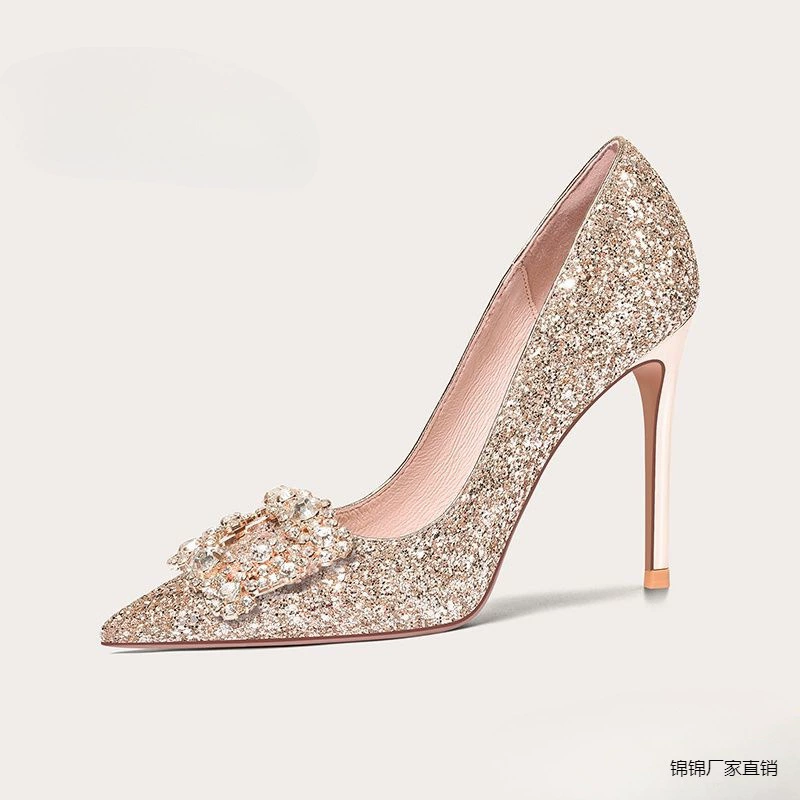 Высокие каблуки шампанского цвета супер сказочные блестки свадебные туфли на каблуках невесты туфли 2024 новая весна и осень